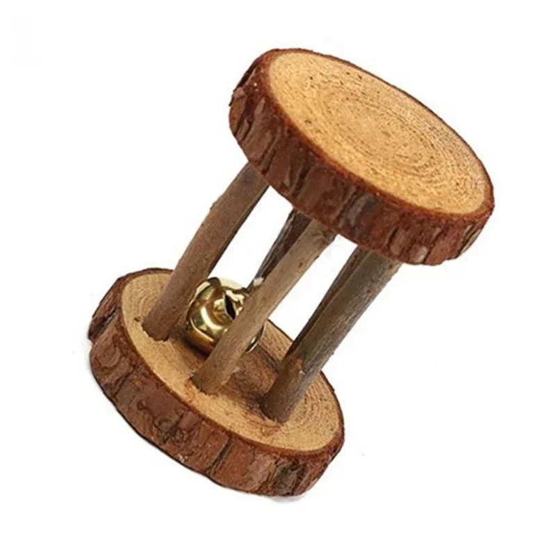 Cute Rabbit Roller Toys Natural Wooden Pine Dumbbell Unicycle Bell Chew Toys for Guinea Pigs Rat Small Pet