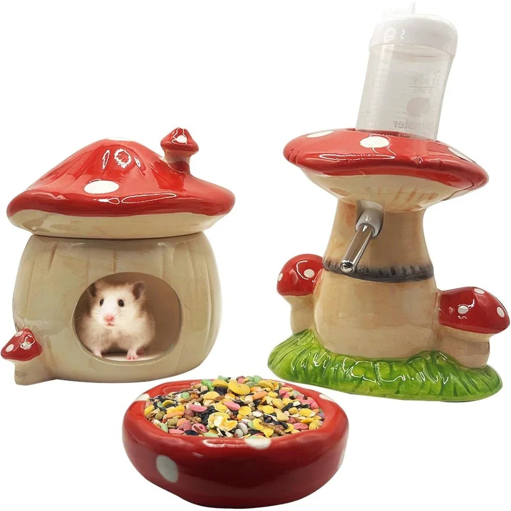 Mushroom Ceramic Hamster Hideout Water Bottle with Stand Food Bowl Sleep house