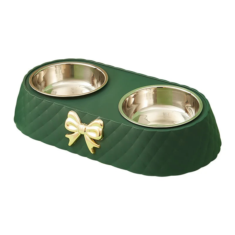 Pet Supplies Bow-tie Food Bowl Base Bowl Stainless Steel Double Feeding Drinking/Feed Double Bowl