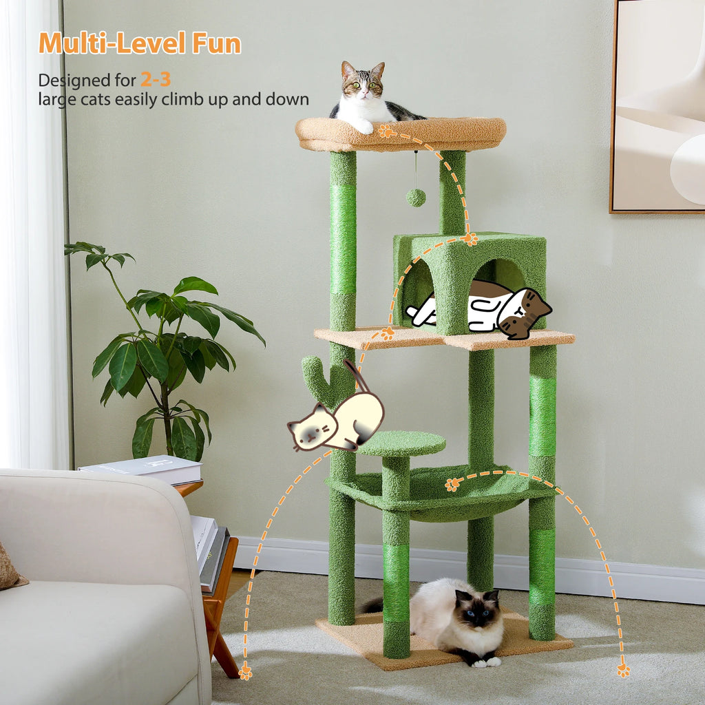 Cactus Cat Tree Tower for Large Cats with Metal Plush Big Hammock for Indoor with 2 Door Condo House with Large Top Perch