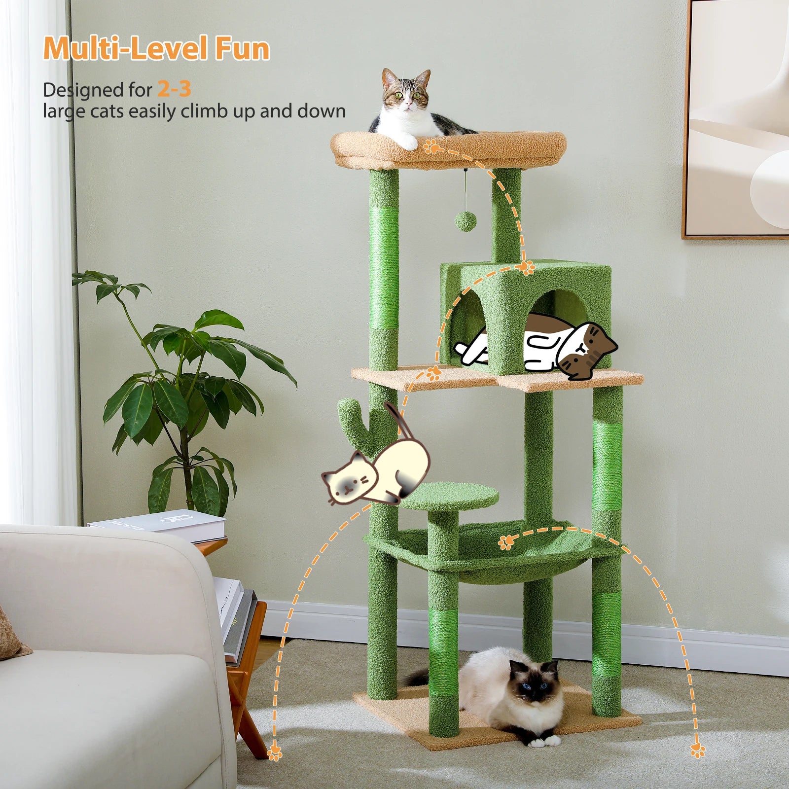 Cactus Cat Tree Tower for Large Cats with Metal Plush Big Hammock for Indoor with 2 Door Condo House with Large Top Perch