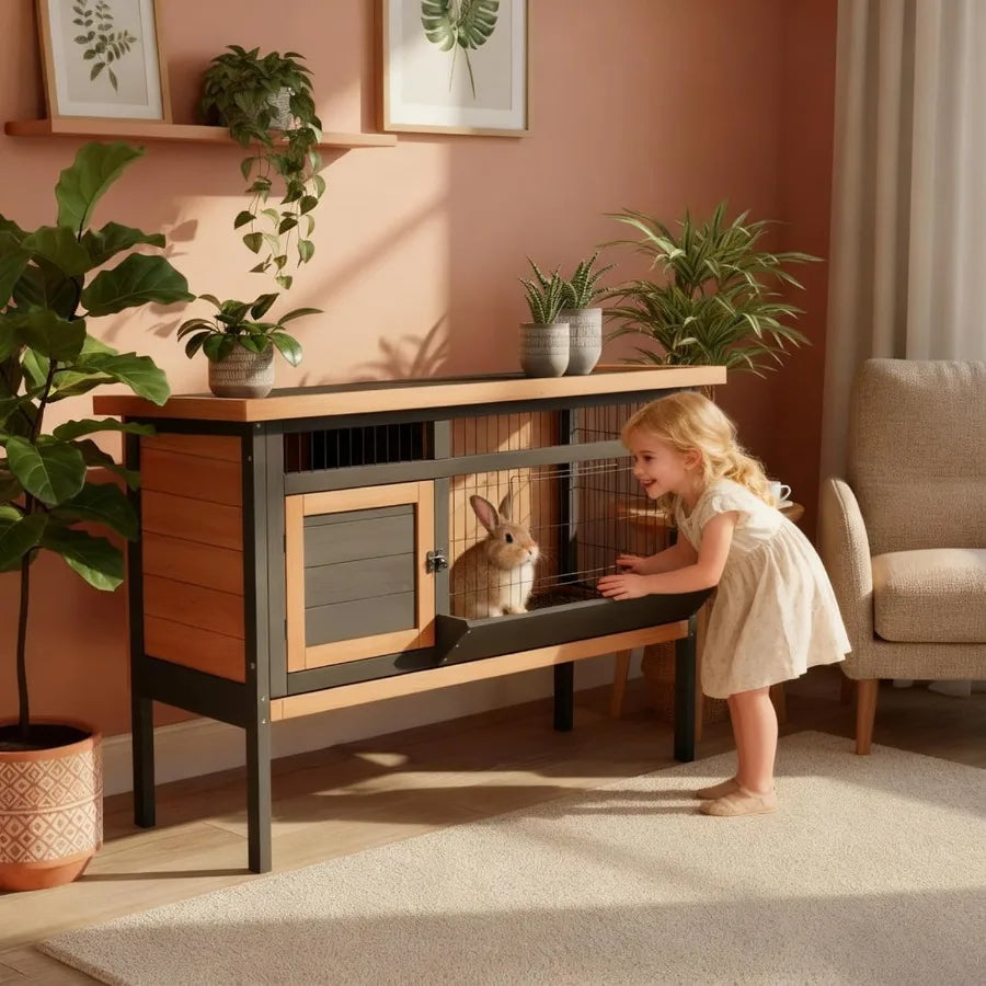 Rabbit Small Animal Hutch with Wooden Construction and Deep Pull-Out Tray Waterproof Indoor Outdoor