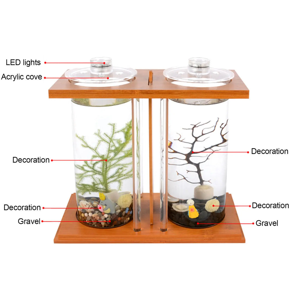 2 Tanks Glass Betta Fish Tank with LED Light Bamboo Base Mini Aquarium Set