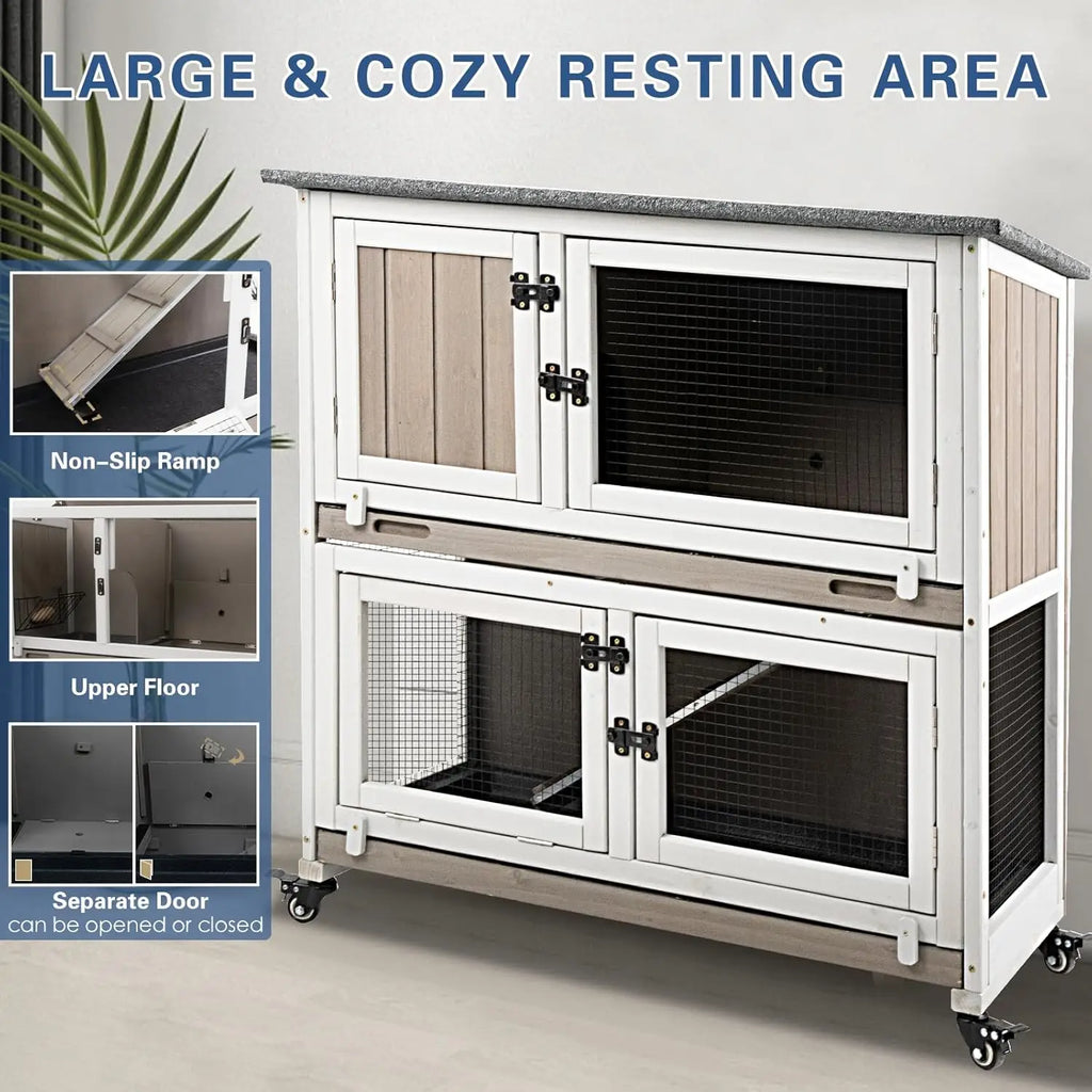 Petscosset 36" L Guinea Pig Cages Wooden, 2 Story Rabbit Cage Indoor Guinea Pig Habitat