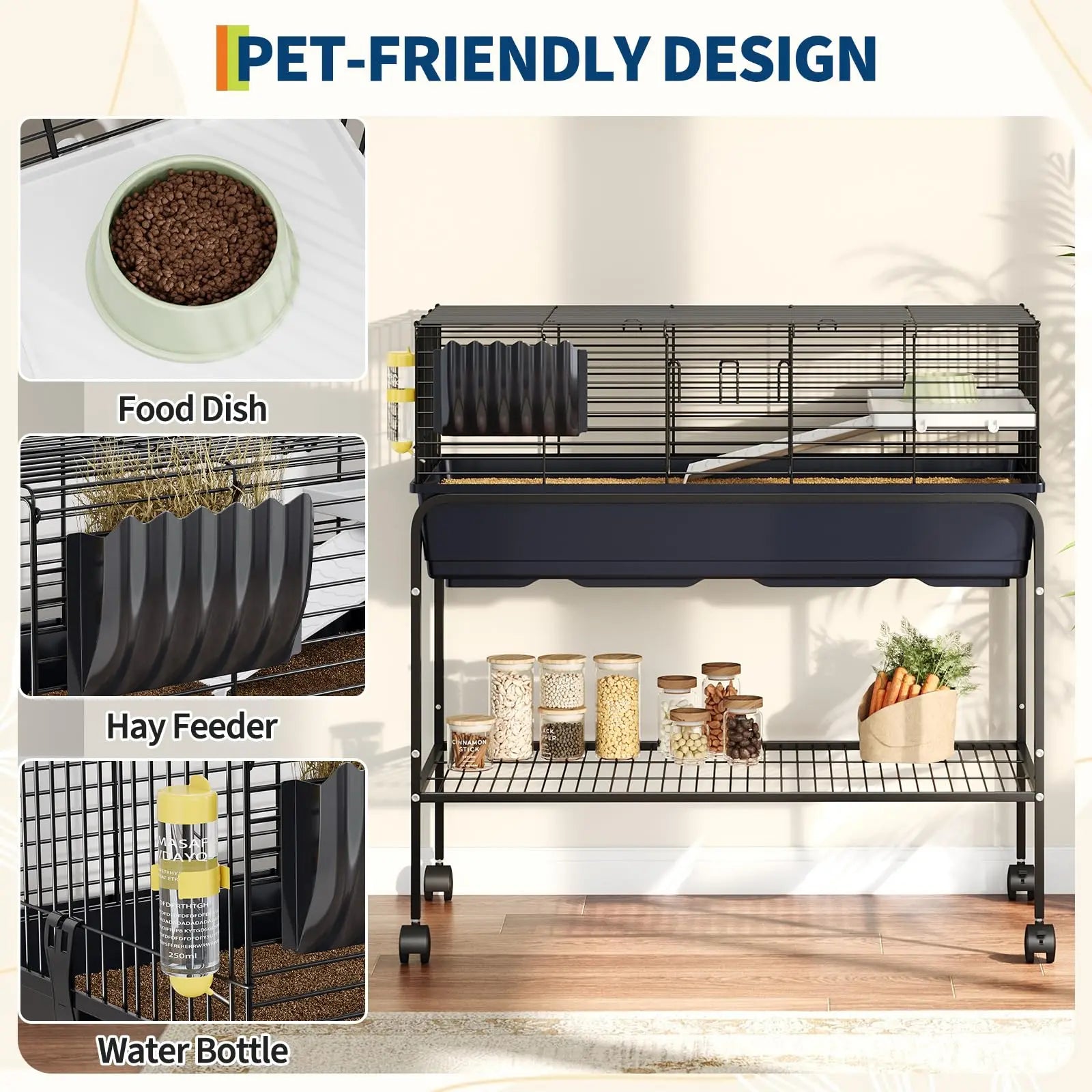 35.3"H Small Animal Cage Kit With Removable Storage Shelf 3Pcs Accessories Portable
