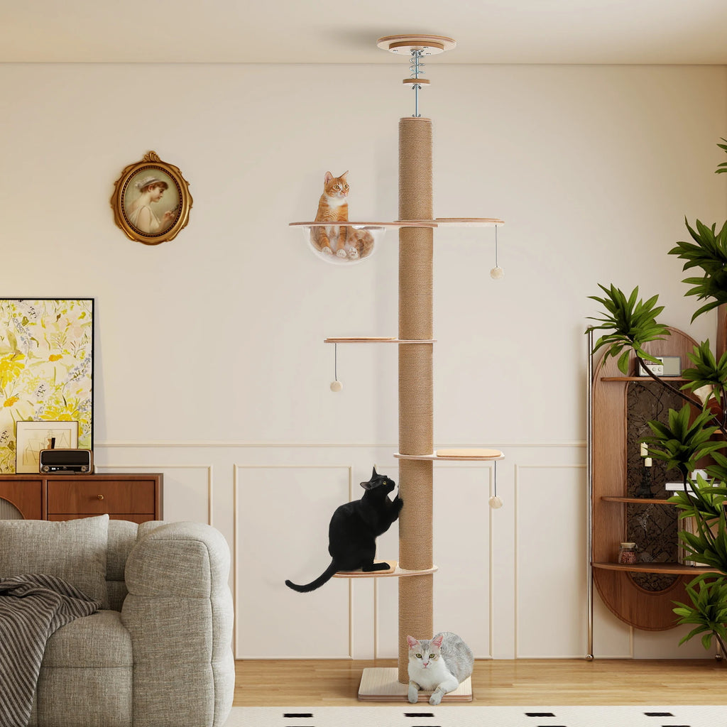 Floor to Ceiling Cat Tree for Indoor Cats Adjustable Height Wooden with Thick Scratching Posts Acrylic Cave