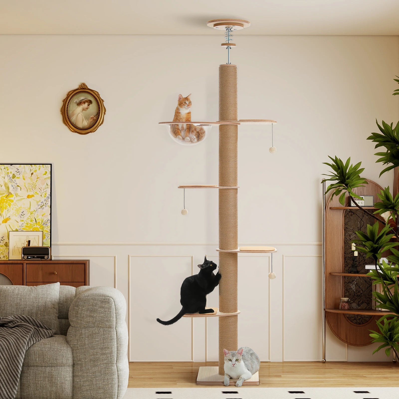 Floor to Ceiling Cat Tree for Indoor Cats Adjustable Height Wooden with Thick Scratching Posts Acrylic Cave