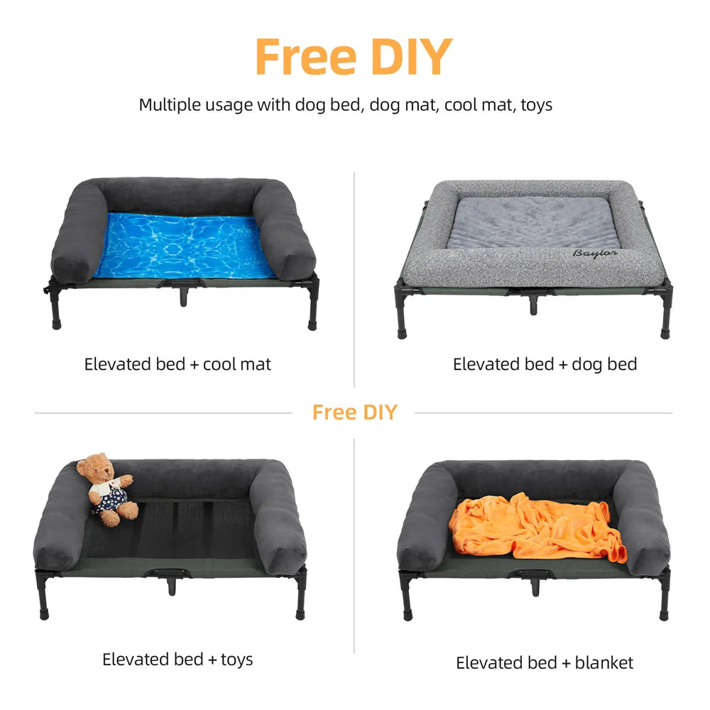 Large Dog Bed Outdoor Raised Dog Bed with Cooling Breathable Mat and Soft Plush Mat, Camping Cot Indoor/Outdoor