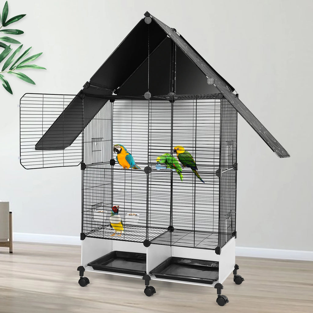 Bird Cage with Rolling Stand House Shape Large Iron with Lock