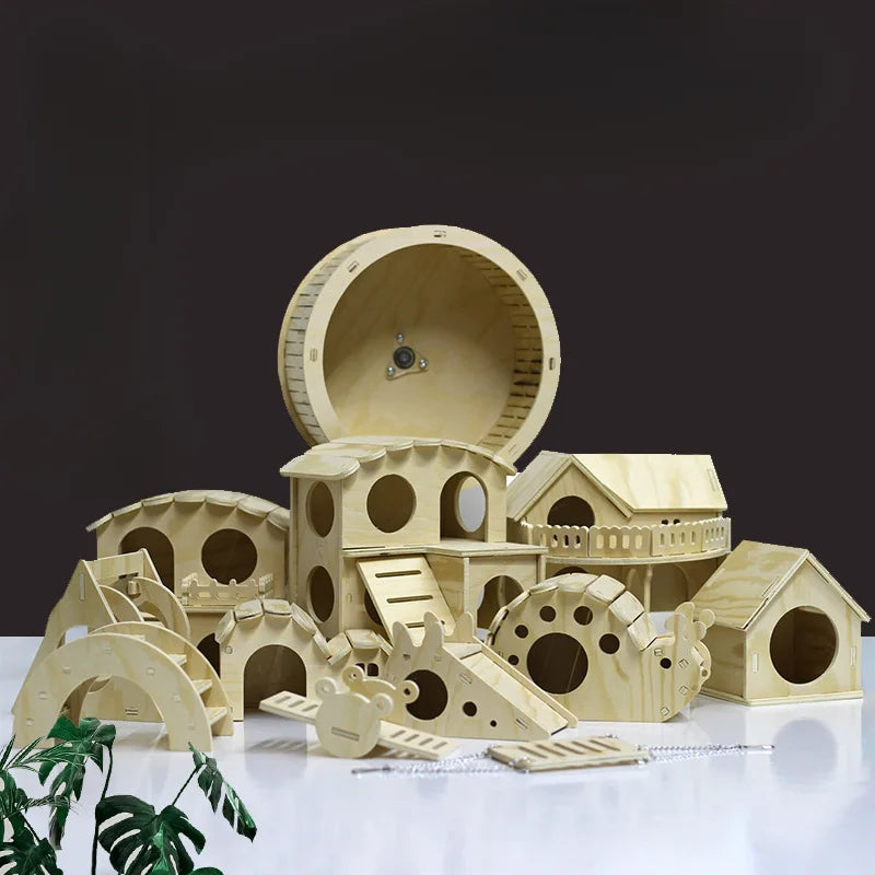 Hamster Toys Small Houses Wooden Furniture Running Wheels Villas Swings Wooden Nests Bite Resistant