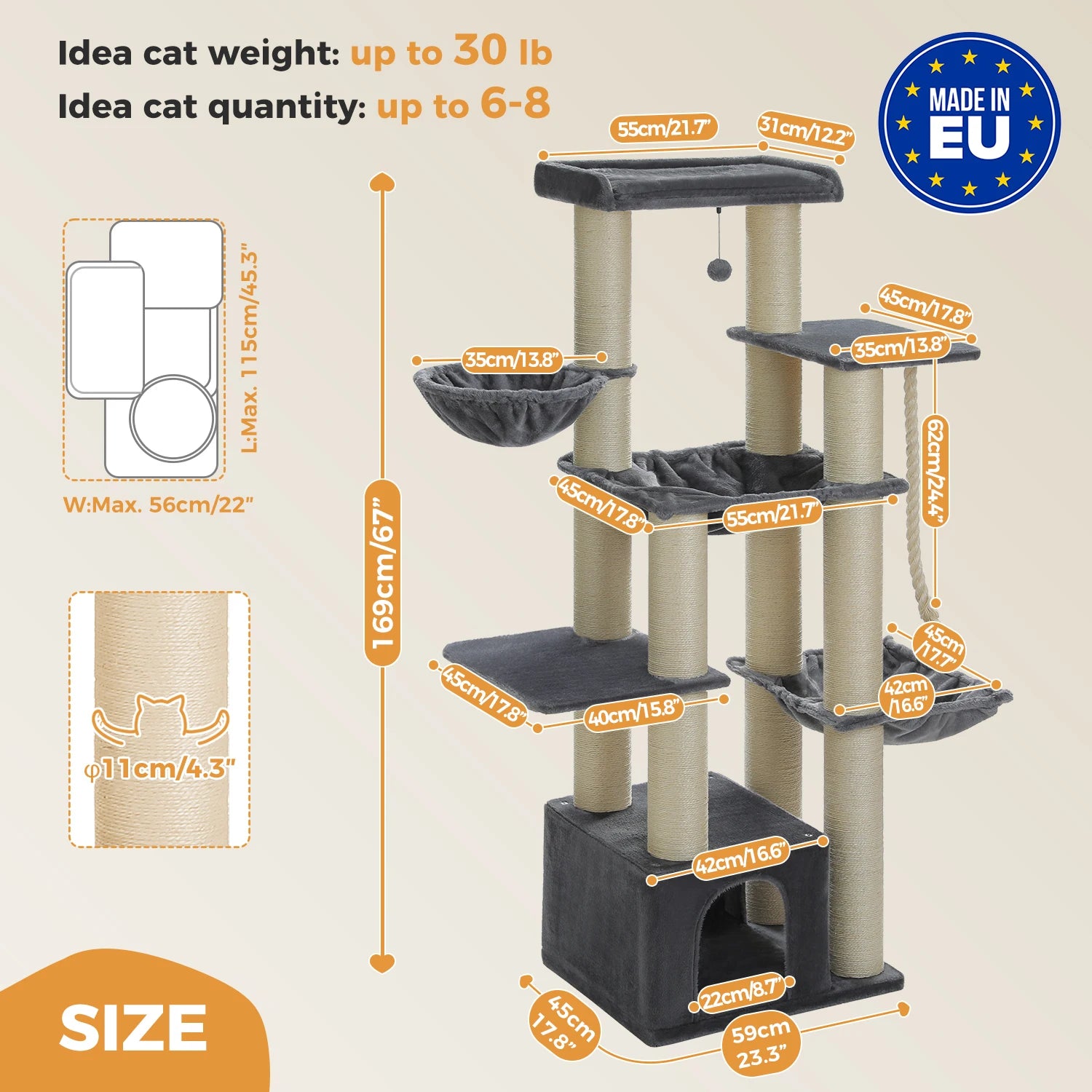 Large Cat Tree for Big Cats with Several Levels Climbing Tree with Hammock 11 Sisal Posts Large Perch