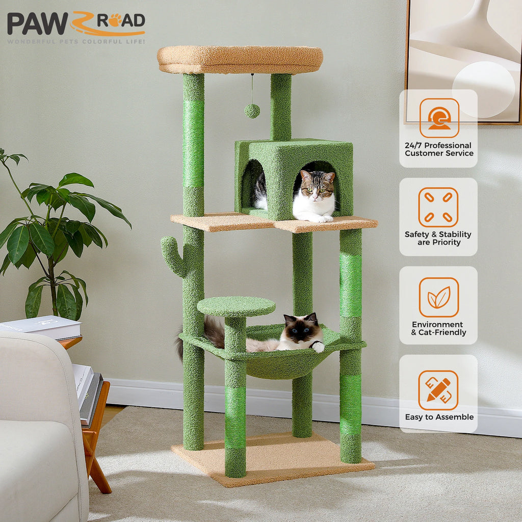 Cactus Cat Tree Tower for Large Cats with Metal Plush Big Hammock for Indoor with 2 Door Condo House with Large Top Perch