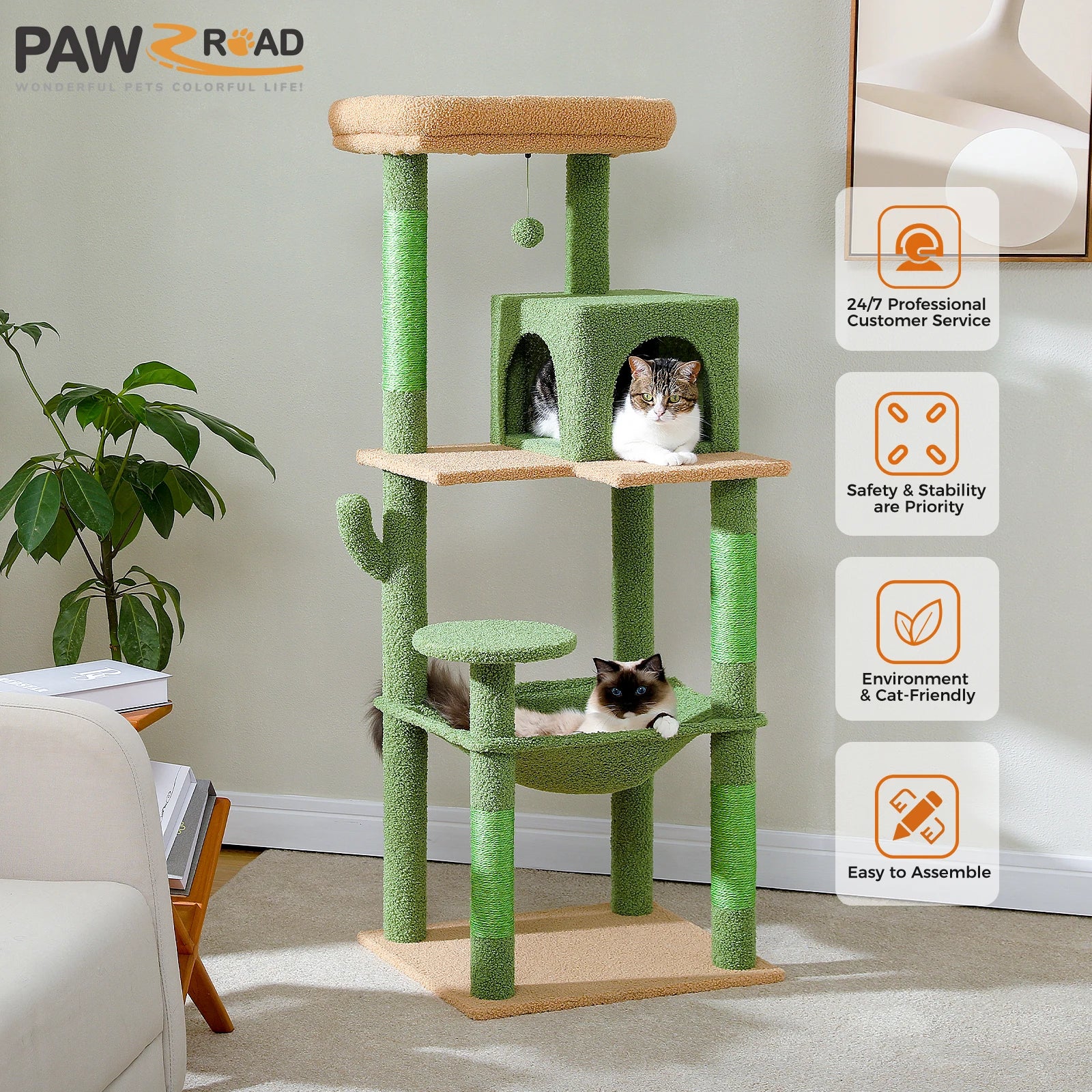 Cactus Cat Tree Tower for Large Cats with Metal Plush Big Hammock for Indoor with 2 Door Condo House with Large Top Perch
