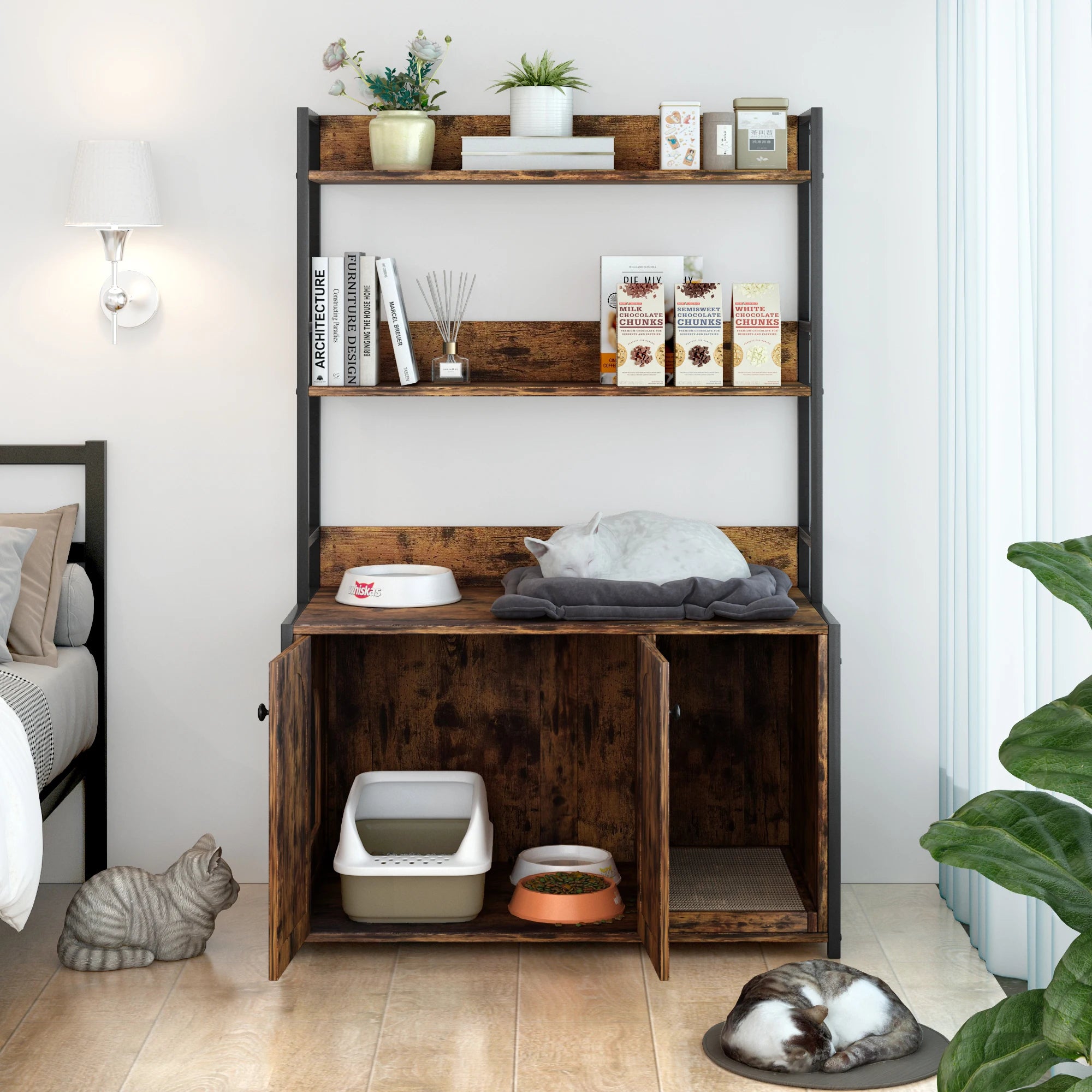 Wooden Hidden Cat Litter Box Enclosure Furniture with Shelves 2 Door Indoor with Scratch Pad