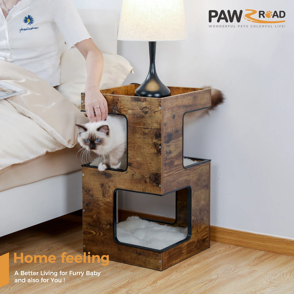 Wood Cat Condo House Bed with Removable Soft Mats Modern Cat Tree Tower with Scratching Pad Cat Scratcher Furniture