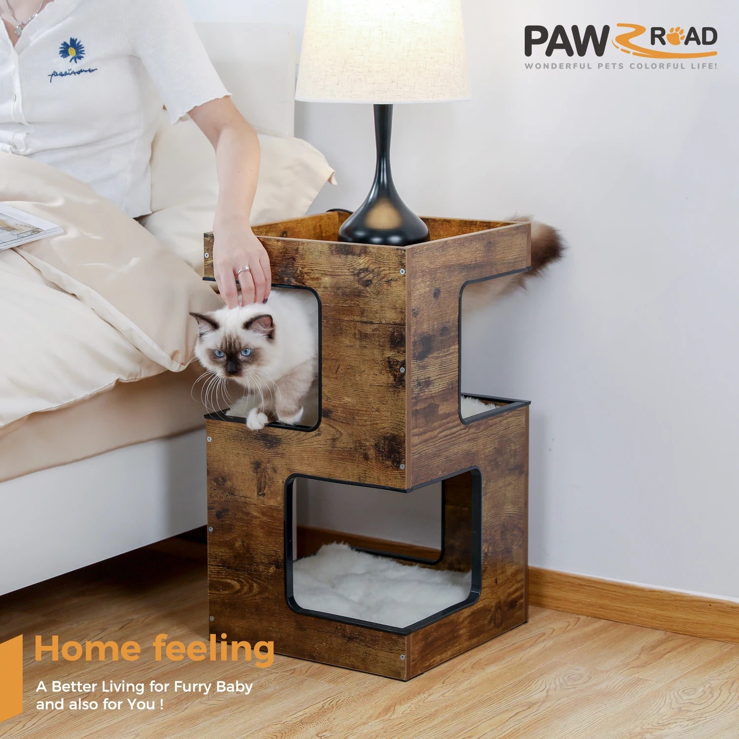 Wood Cat Condo House Bed with Removable Soft Mats Modern Cat Tree Tower with Scratching Pad Cat Scratcher Furniture