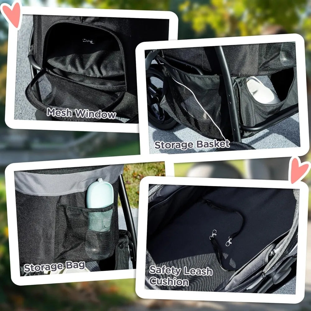 Dog Stroller for Small Dogs and Cats, 3 in 1 Folding Stroller Jogger with Detachable Carrier, Storage Basket