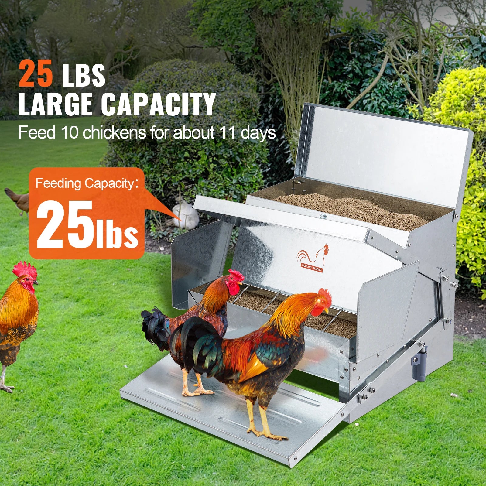 Automatic Chicken Feeder 25 lbs Capacity Galvanized Steel Poultry Feeder