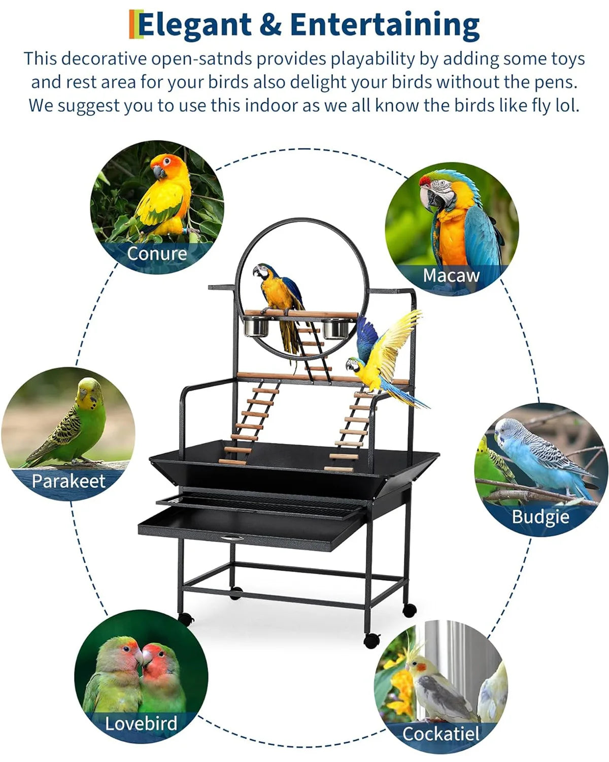 Extra Tall 66'' Bird Play Stand Heavy-Duty Metal Activity Center With Lockable Wheels Removable Tray & Toy Hooks