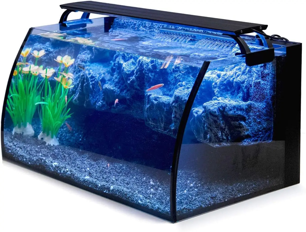 8 Gallon LED Glass Aquarium Kit for Starters with Filter Pump, Colored Light, Curved Shape Tank & 3D Rockery Background