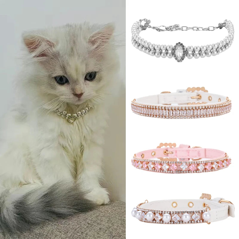 Luxury Cat Pearl Necklace Rhinestone Collar for Cats