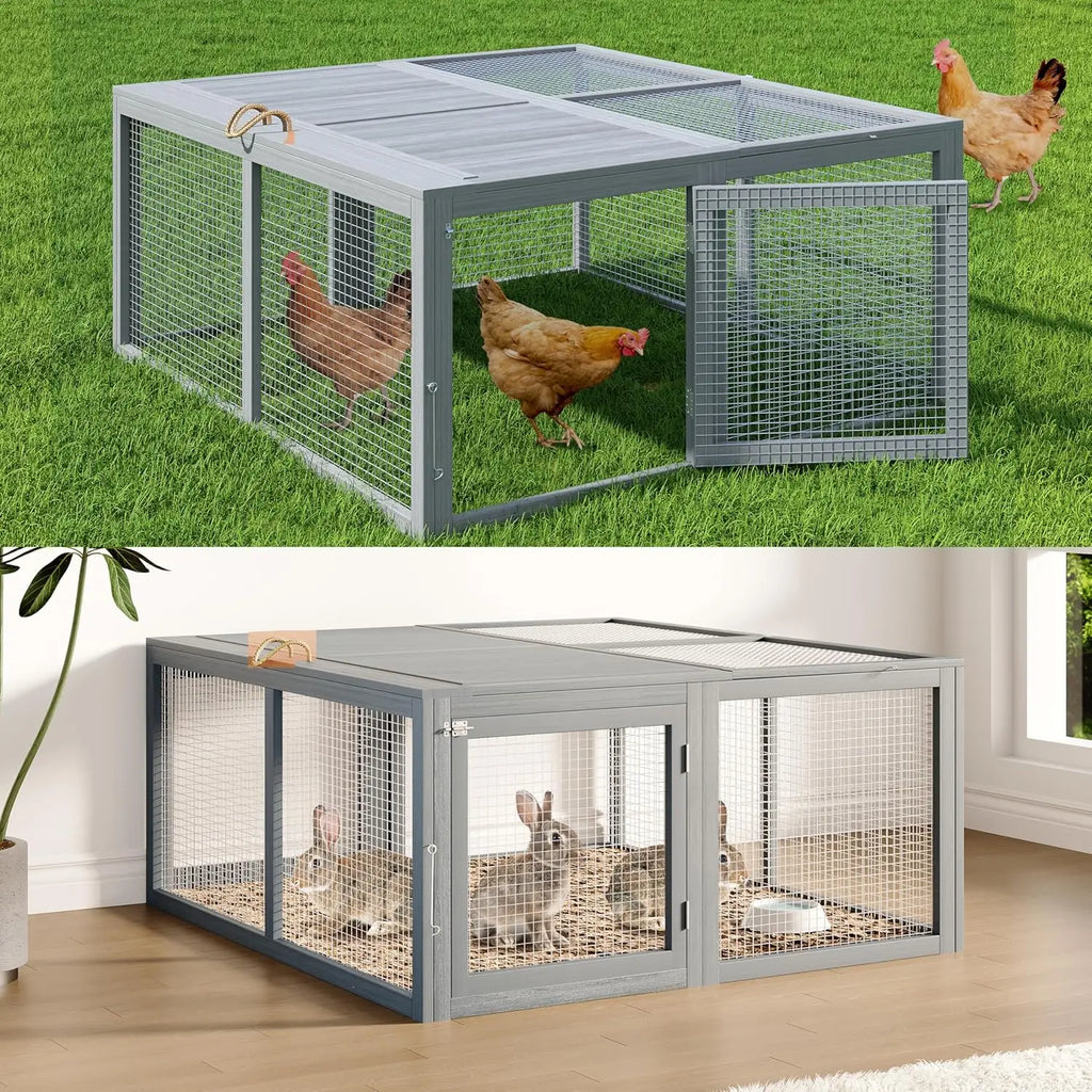 Folding Portable Wooden Chicken Coop Run No Assembly Rabbit Hutch With Predator-Proof Mesh For Outdoor Indoor Use