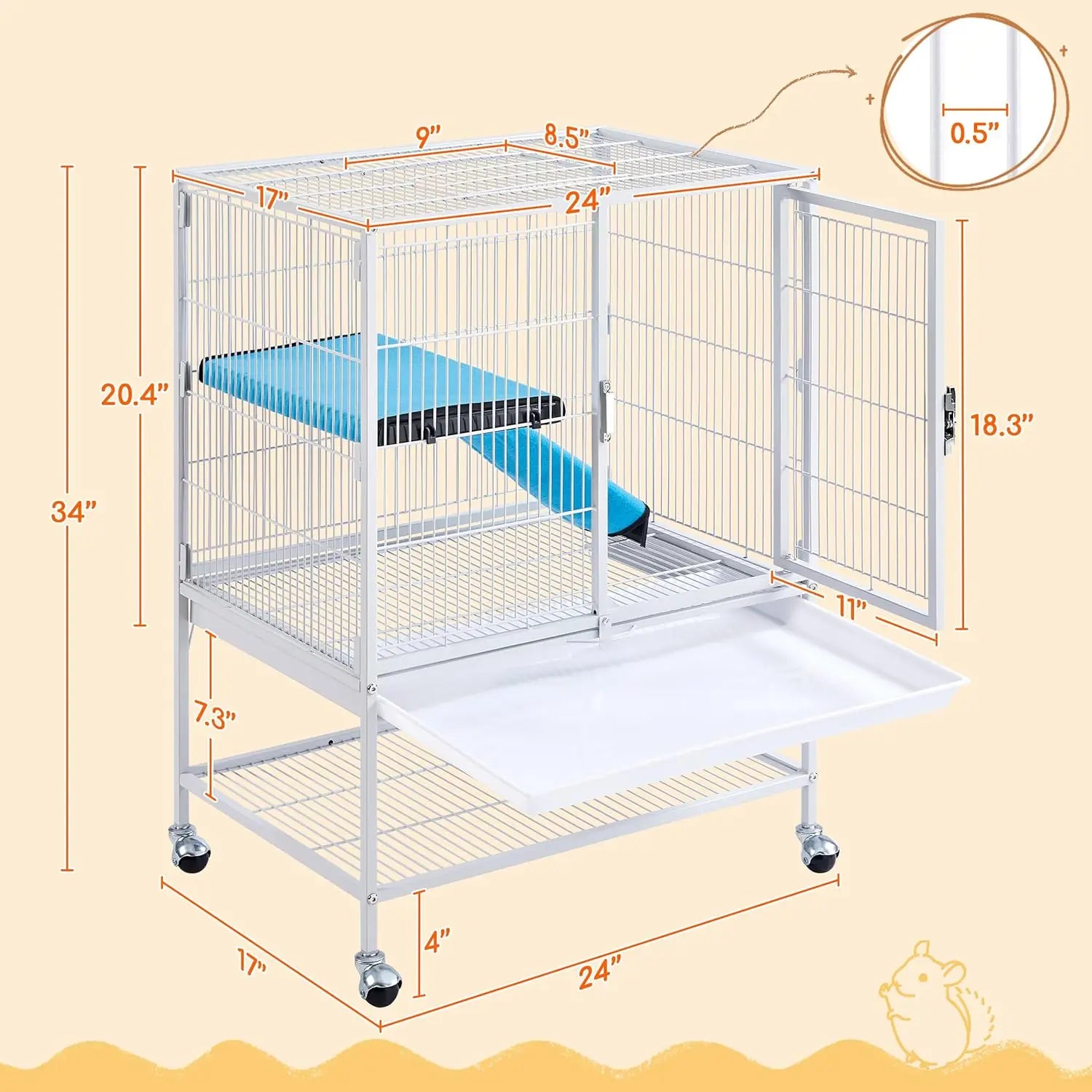 White Metal Small Animal Cage - Removable Tray, Ladder and Wheels