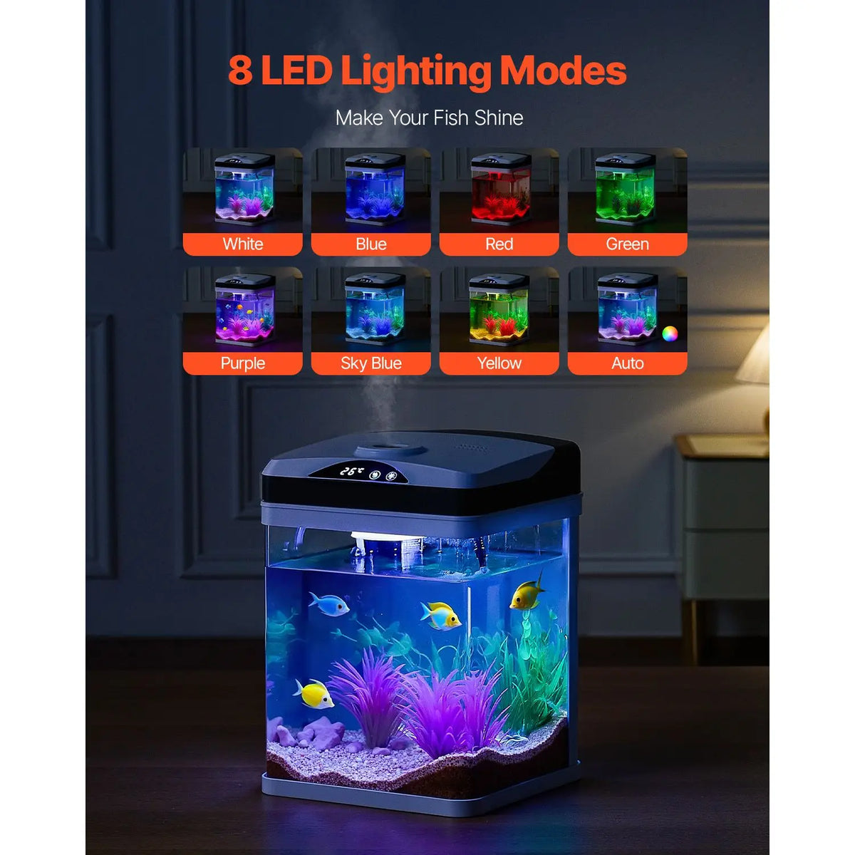Fish Tank Aquarium, 2 Gallon LED Square Ultra-Clear Glass Tank Temperature Monitoring Adjustable 7 Color Lighting, Self Cleaning System Fishbowl for Freshwater & Saltwater Fish Home,Office