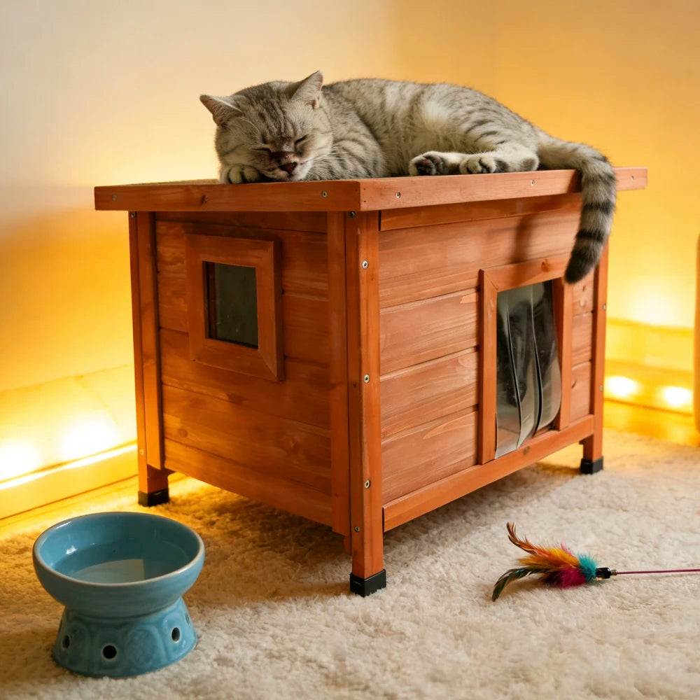 Cat House Waterproof Feral Kitty Shelter Outdoor Indoor Rabbit Hutch for Bunnies,Cats,Dogs and Other Small Animals,Asphalt Roof