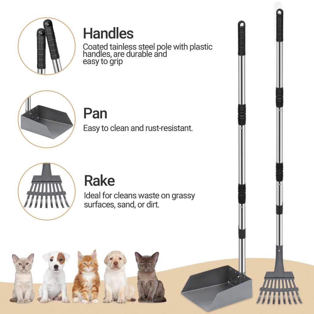 Dog Pooper Scooper, Tray and Rake Set, Pet Waste Removal Scoop with Long Adjustable Sectional Stainless Handles