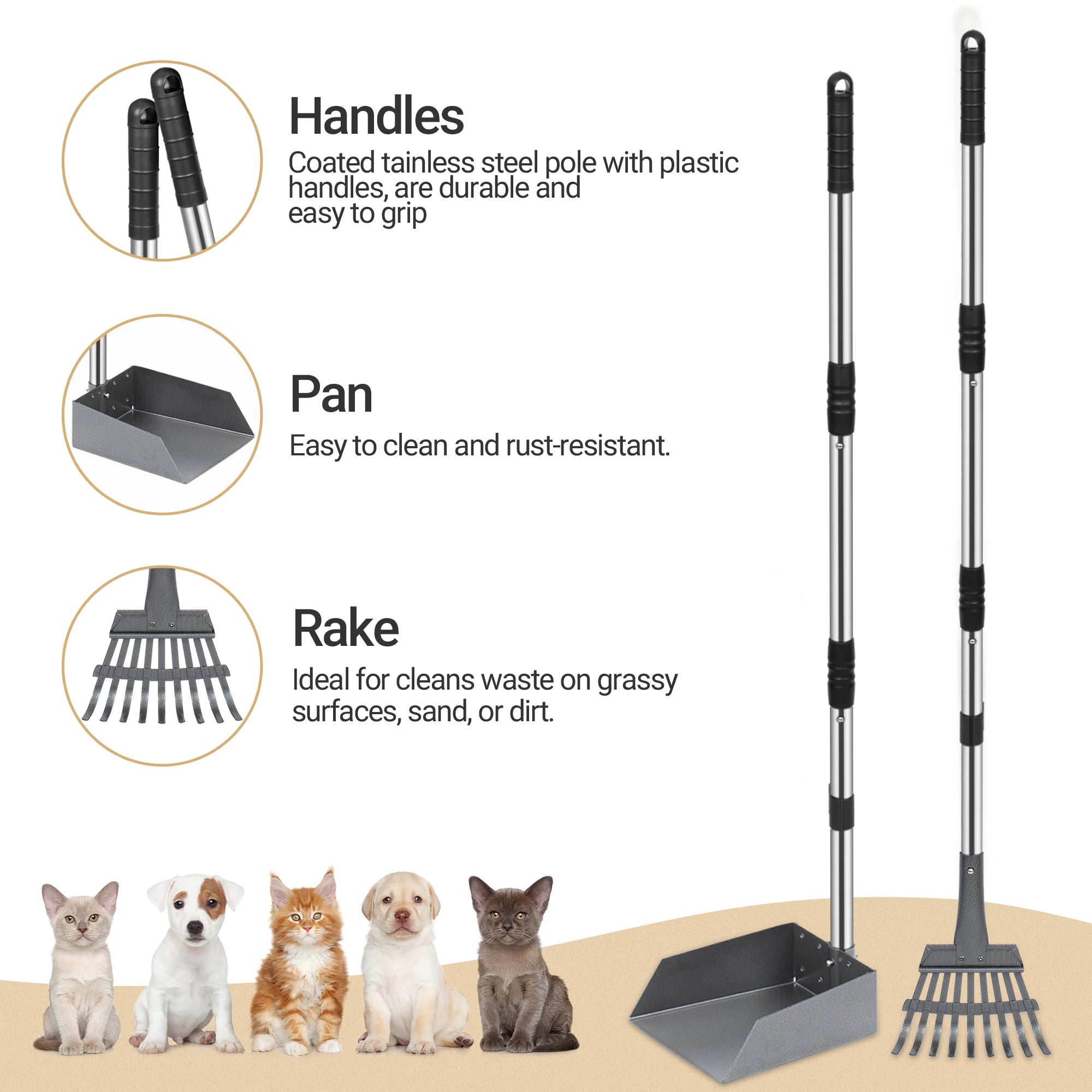 Dog Pooper Scooper, Tray and Rake Set, Pet Waste Removal Scoop with Long Adjustable Sectional Stainless Handles