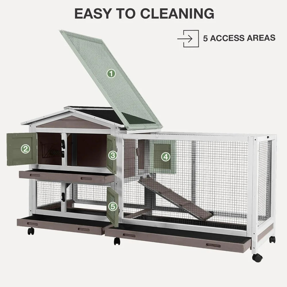 2-Story Indoor/Outdoor Rabbit Guinea Pigs Hutch Chew-Proof with 6 Locking Casters 2 Pull-Out Trays