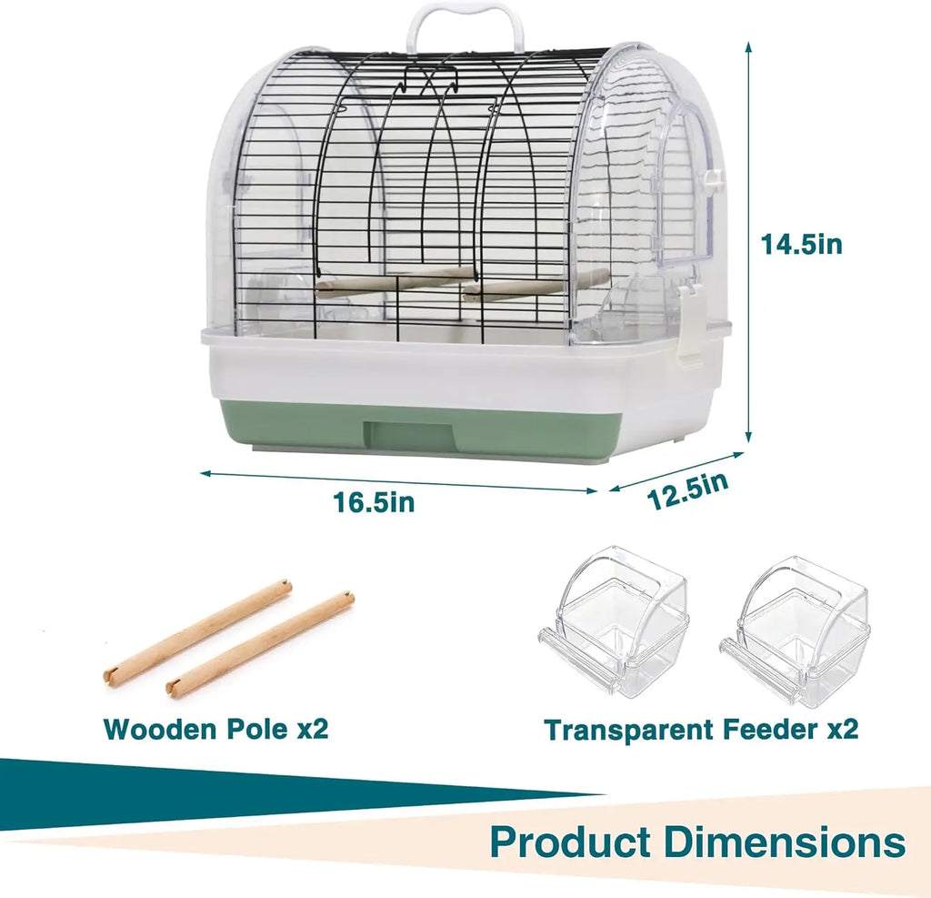 Portable Metal Bird Cage Carrier, with 2 Perches, 2 Food Bowls and Tray