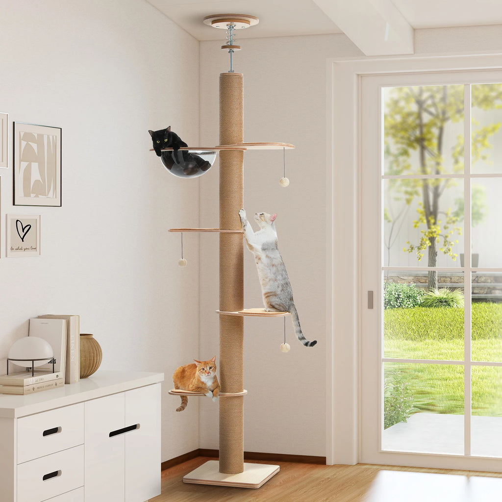 Floor to Ceiling Cat Tree for Indoor Cats Adjustable Height Wooden with Thick Scratching Posts Acrylic Cave