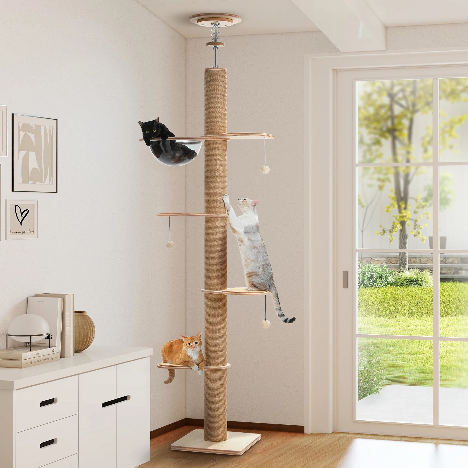 Floor to Ceiling Cat Tree for Indoor Cats Adjustable Height Wooden with Thick Scratching Posts Acrylic Cave