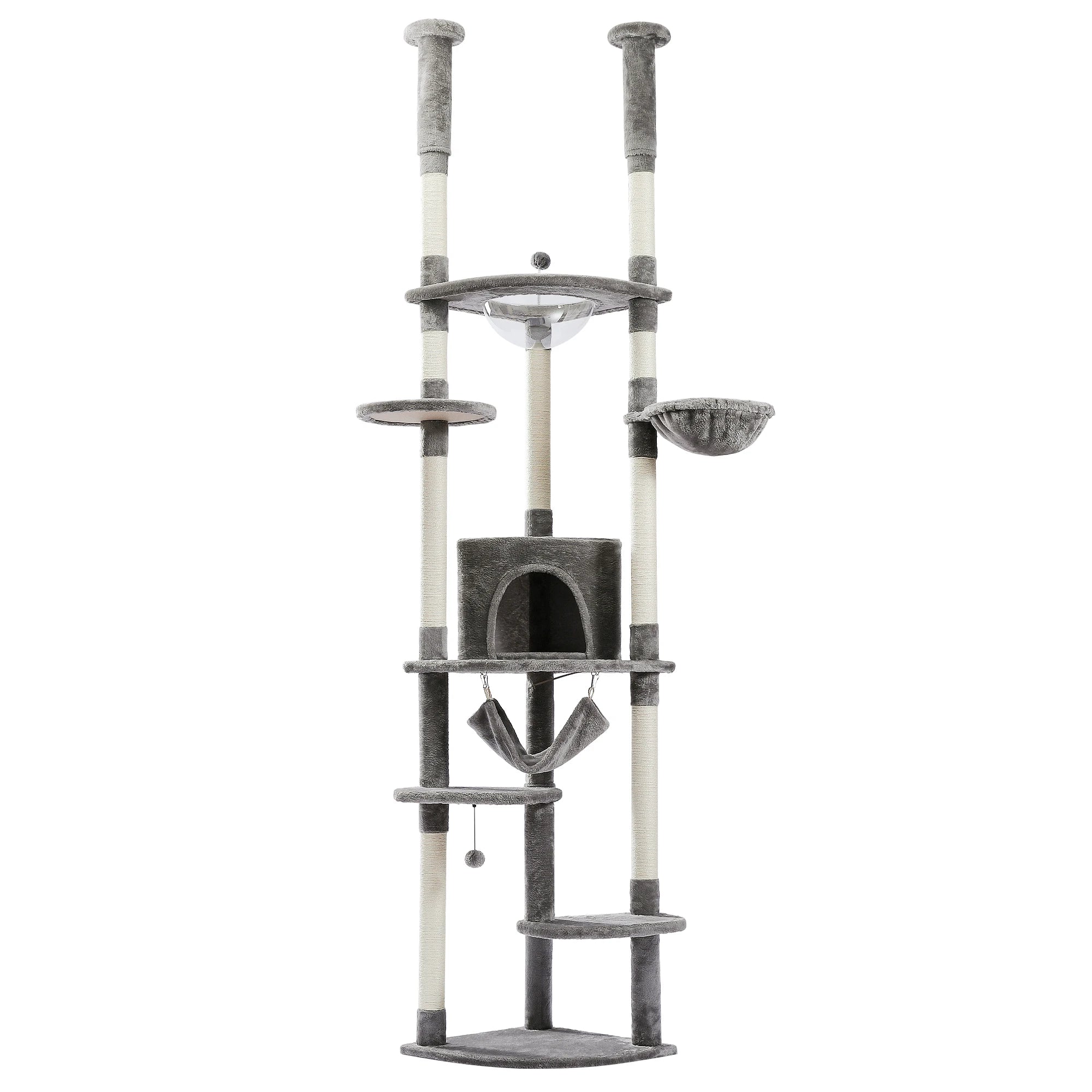 Floor to Ceiling Cat Tree Adjustable Climbing Play House with Scratching Posts Cozy Condo Perches Hammock