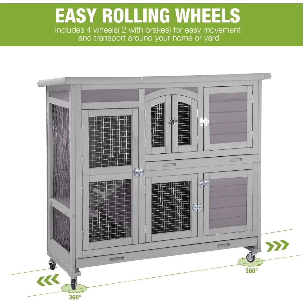 Rabbit Hutch Indoor Outdoor Bunny House Guinea Pig Cage on Wheels with Plastic Tray 47inch