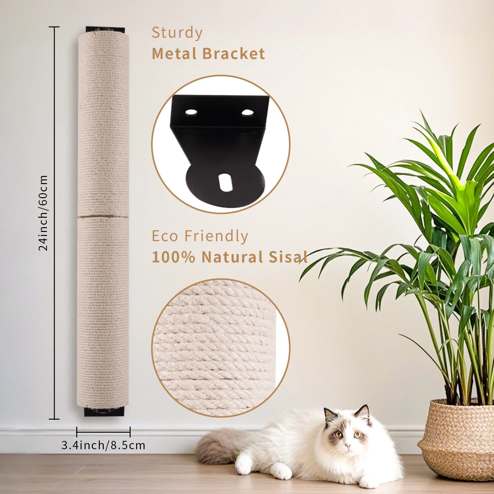Cat Scratching Post Wall Mounted, 24 inch Tall 3.5-inch Diameter, Hemp Rope for Indoor