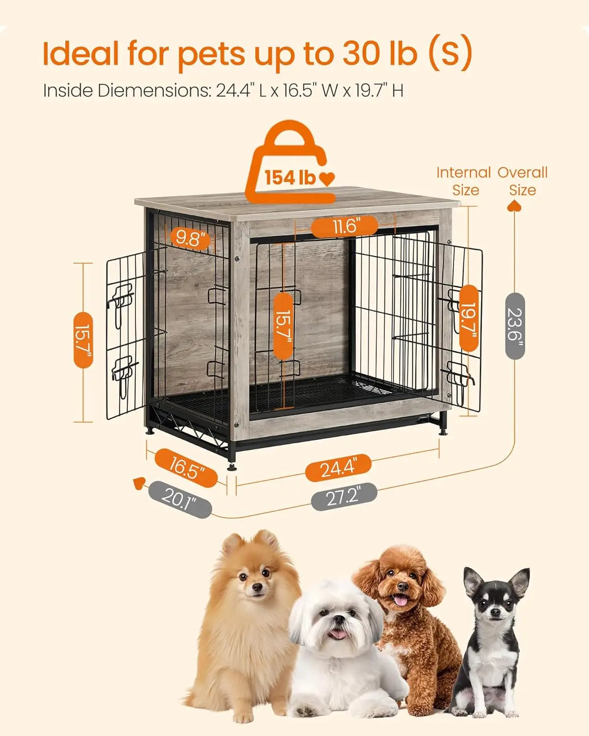 27.2" Indoor Dog Crate Furniture, Multi-Purpose Pet Kennel with Removable Tray for Small Dogs up to 30 lbs,