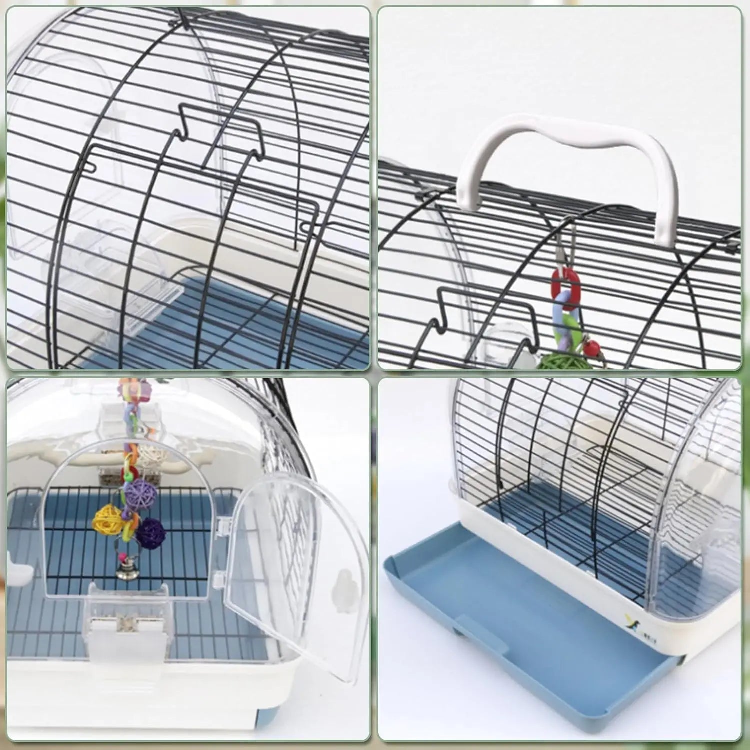 Portable Metal Bird Cage Carrier, with 2 Perches, 2 Food Bowls and Tray
