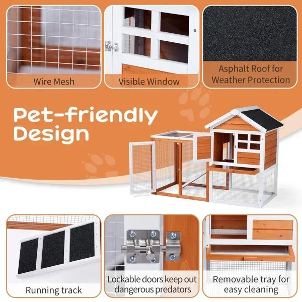 Wooden Rabbit Hutch Outdoor Chicken Coop Indoor Bunny Cage with Run, Guinea Pig House with Pull Out Upper Tray, Orange