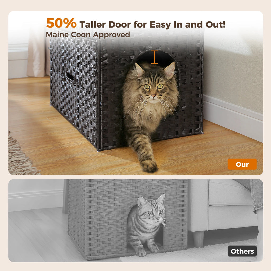 Rattan Cat Litter Box Enclosure Furniture with Door, Handwoven Rattan Hidden Litter Box