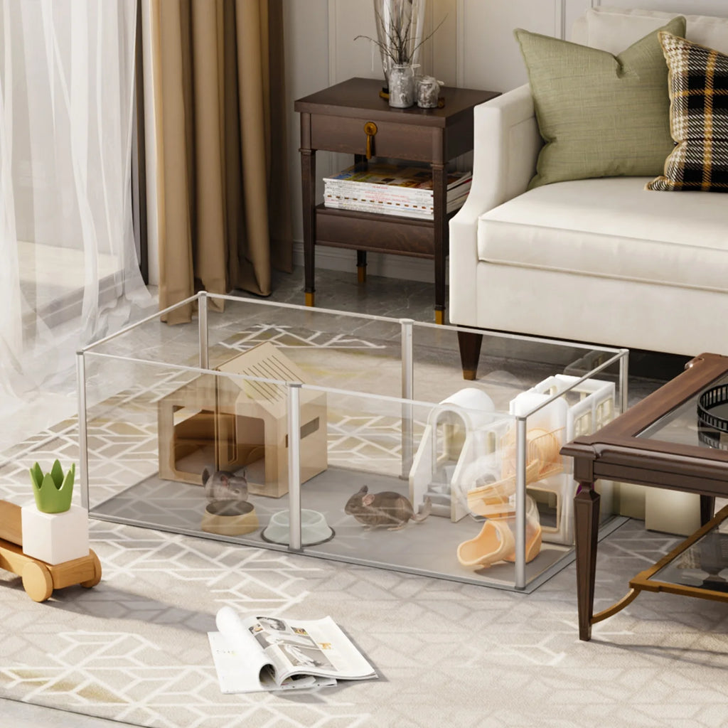 Clear Acrylic Hamster Play Pen Indoor 6 Panels Pet Enclosure w/ Waterproof Floor Pad for Guinea Pigs Hedgehogs