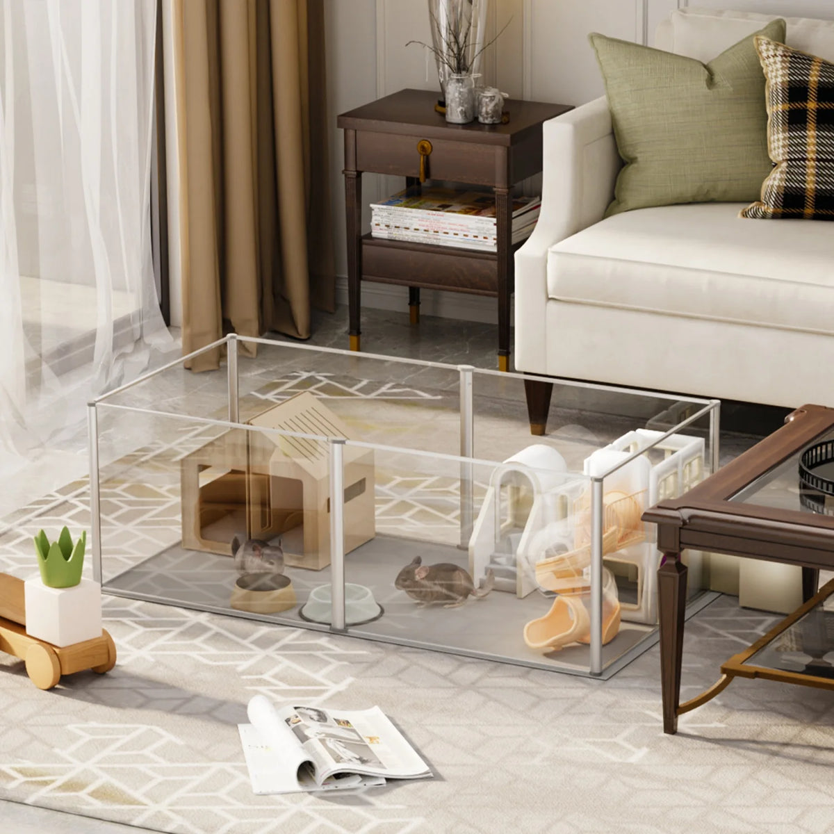 Clear Acrylic Hamster Play Pen Indoor 6 Panels Pet Enclosure w/ Waterproof Floor Pad for Guinea Pigs Hedgehogs