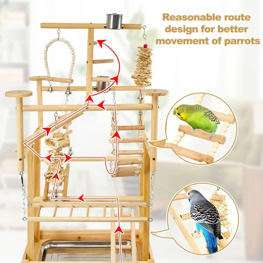Natural Wood Bird Play stand with Perches, Toys, Removable Tray & 4 Stainless Steel Cups