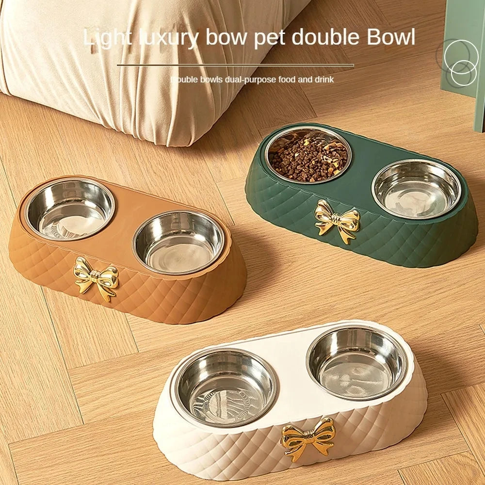 Pet Supplies Bow-tie Food Bowl Base Bowl Stainless Steel Double Feeding Drinking/Feed Double Bowl