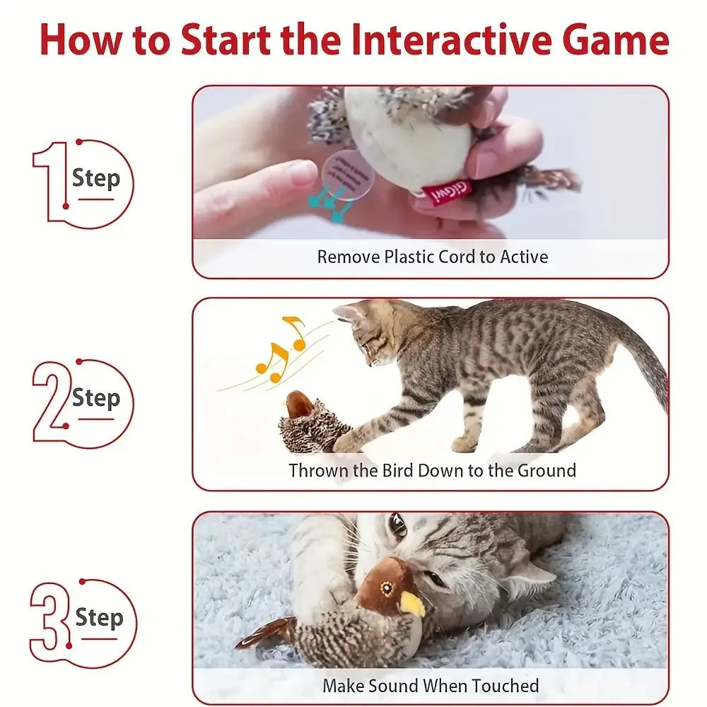 Plush Touch-Activated Flapping Bird Cat Toy with Realistic Chirping Sound