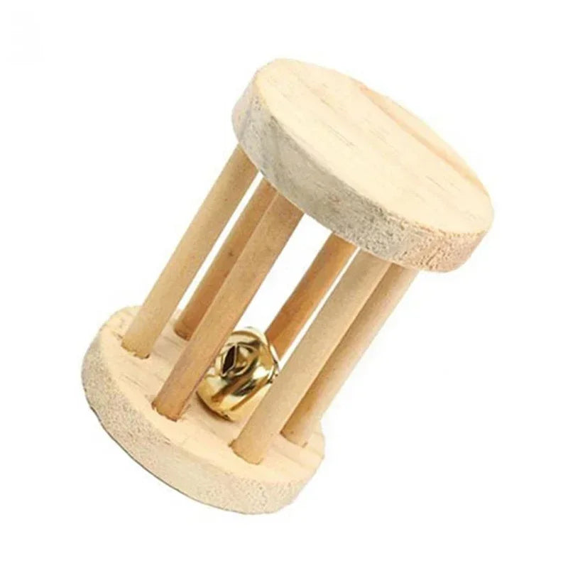 Cute Rabbit Roller Toys Natural Wooden Pine Dumbbell Unicycle Bell Chew Toys for Guinea Pigs Rat Small Pet