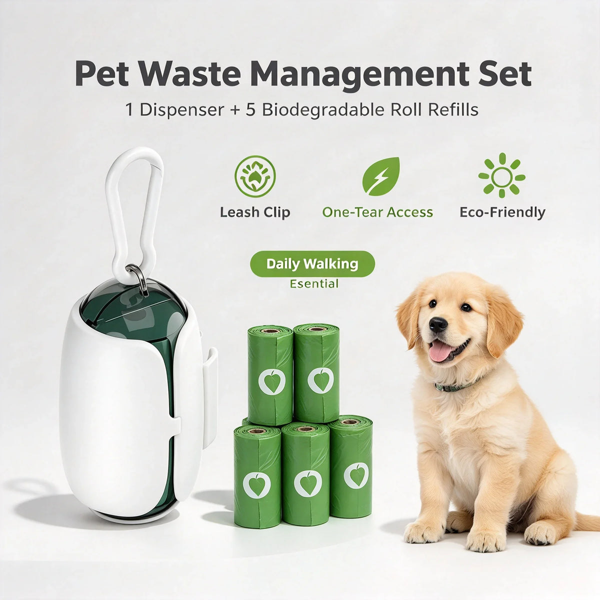 Dog Poop Bags Value Pack, 5 Rolls + 1 Dispenser with Leash Clip, Biodegradable Eco-Friendly Pet Waste Bags