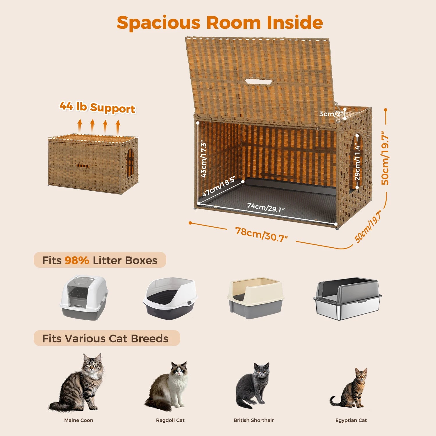 Rattan Cat Litter Box Enclosure Furniture with Door, Handwoven Rattan Hidden Litter Box